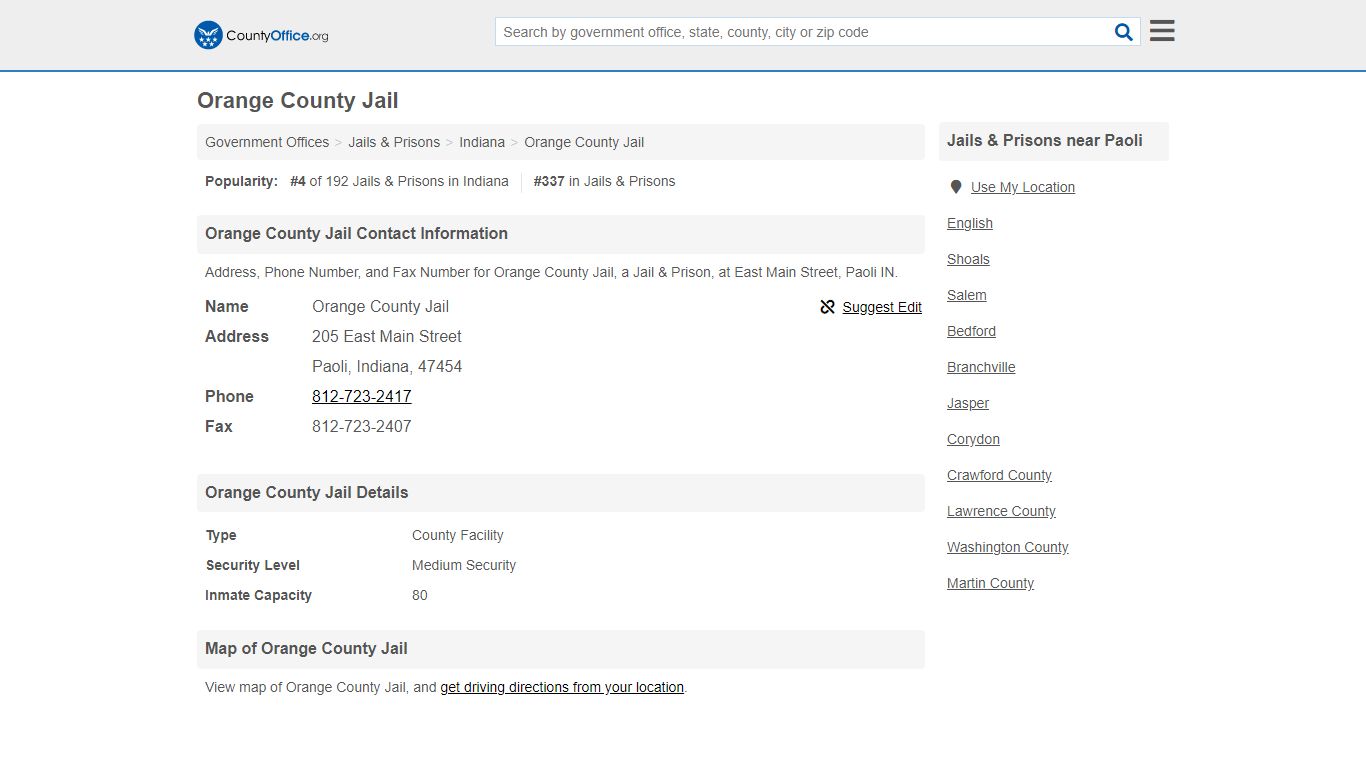 Orange County Jail - Paoli, IN (Address, Phone, and Fax)