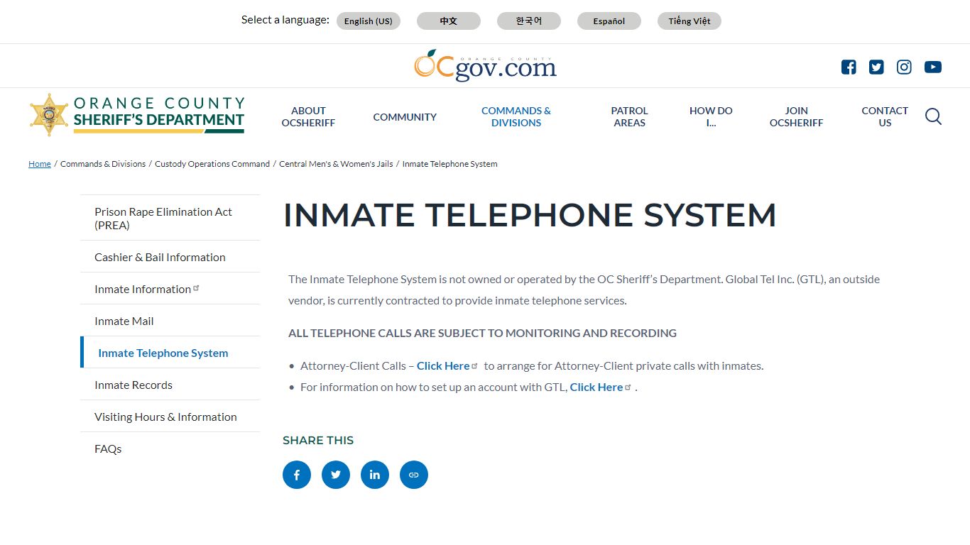 Inmate Telephone System - Orange County Sheriff's Department